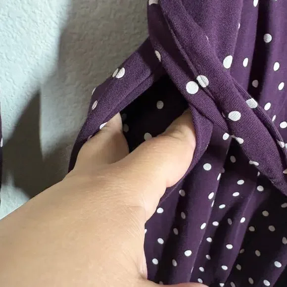 Pact Medium Fit & Flare Faux Wrap Dress Purple Polka Dot Belted Long Sleeves - Picture 4 of 11